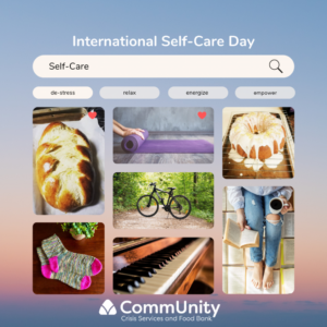 Self Care by community. A search bar with image results is image, typed into the search bar is "self care". Images featured include a piano, fresh baked bread, socks, a bicyle, and coffee.